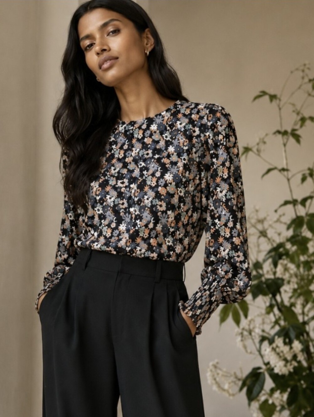 Boden Blouse Black Floral Round Neck Long Balloon Sleeve Cotton Peasant Size 4